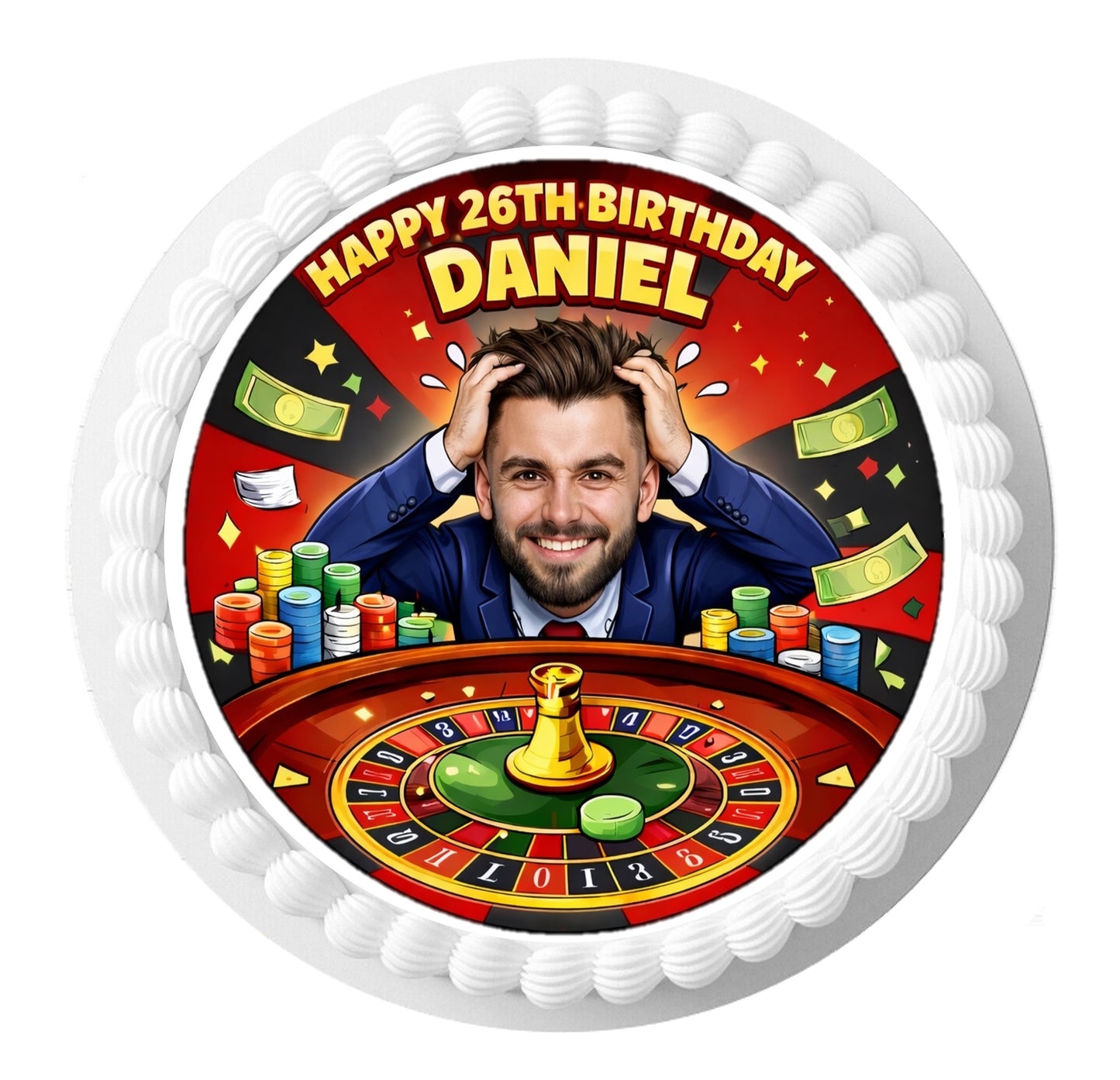 Poker Gambling Roulette Personalised Edible Photo 7.5 Inch Cake Topper Icing Sheet Wafer Card Funny Custom Birthday