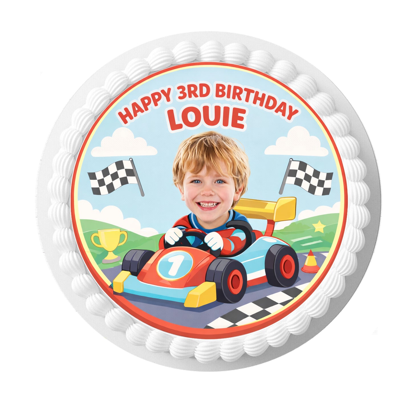 Race Car Racing Children's Personalised Edible Photo 7.5 Inch Cake Topper Icing Sheet Wafer Card Funny Custom Birthday