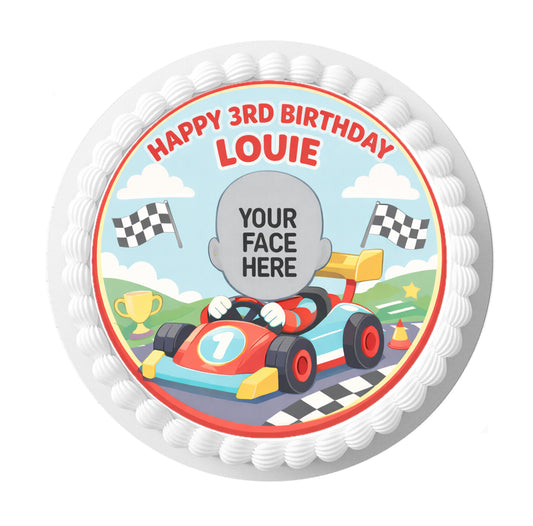 Race Car Racing Children's Personalised Edible Photo 7.5 Inch Cake Topper Icing Sheet Wafer Card Funny Custom Birthday