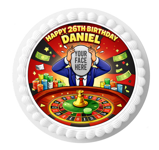 Poker Gambling Roulette Personalised Edible Photo 7.5 Inch Cake Topper Icing Sheet Wafer Card Funny Custom Birthday